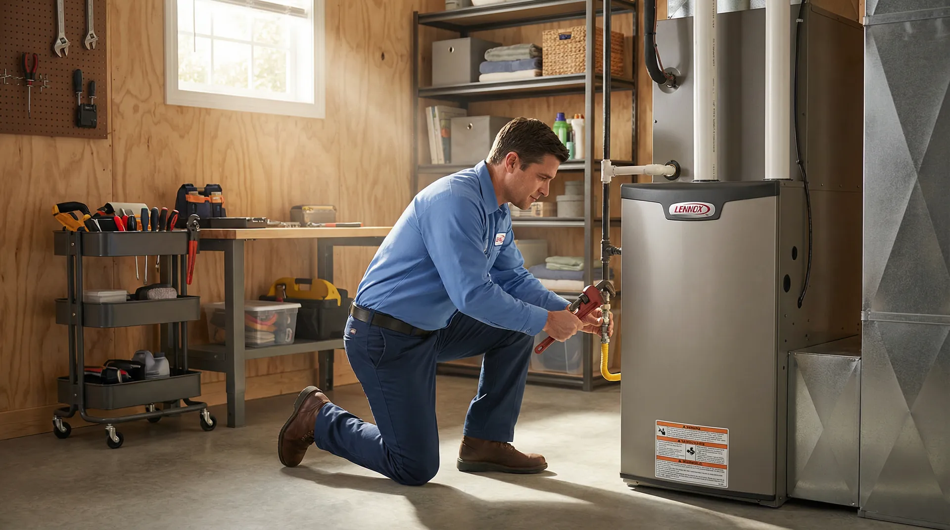 Budget Heating licensed HVAC technician installing a furnace in a Lower Mainland home